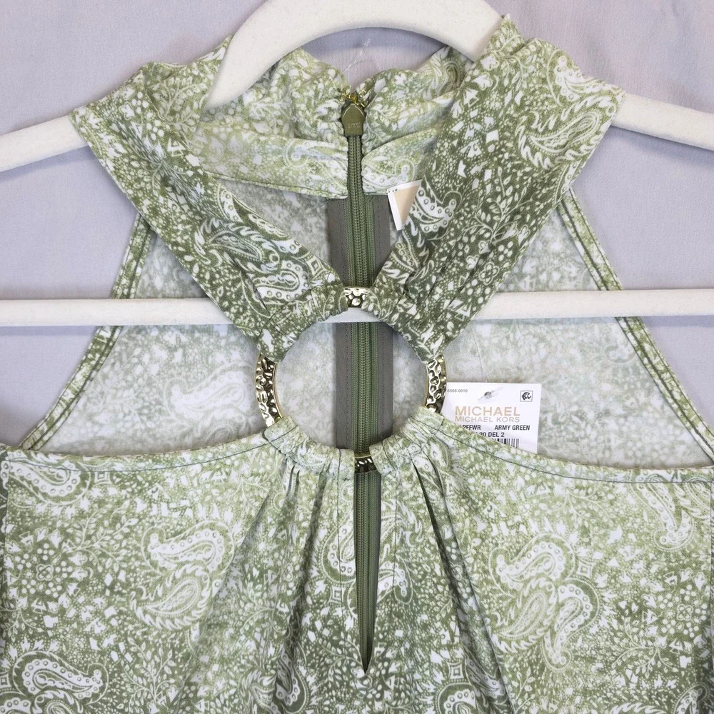 Michael Kors Cold Shoulder Paisley Neck Zipper Halter Top Blouse Army Green L‎